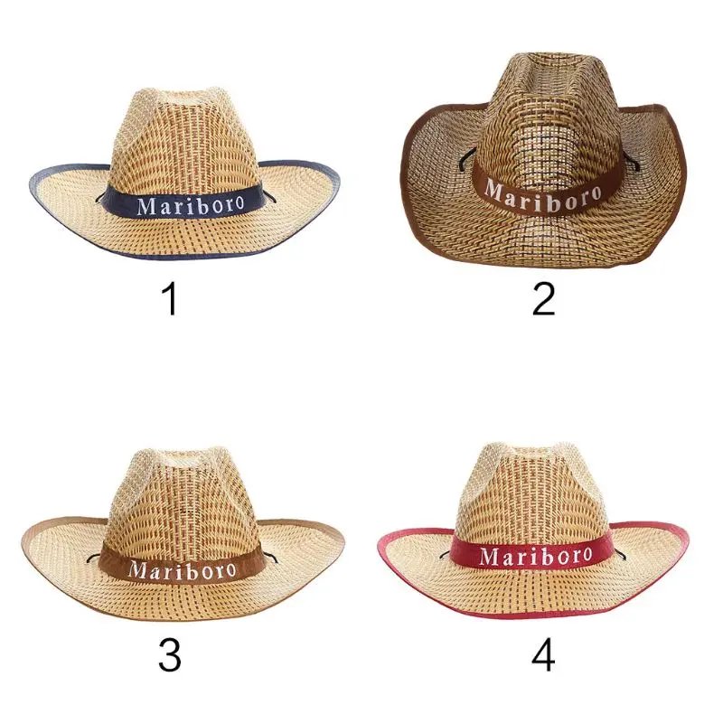 Men Retro Western Cowboy Summer Straw for Sun Hat Wide Curly Brim Letters Printe Drop Shipping