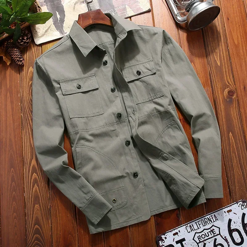 Spring Thin Shirt 2024 New Middle-aged Men\'s Retro Solid Color Hiking Fishing Top Simple Fashion Men\'s Long Sleeve Cargo Coat