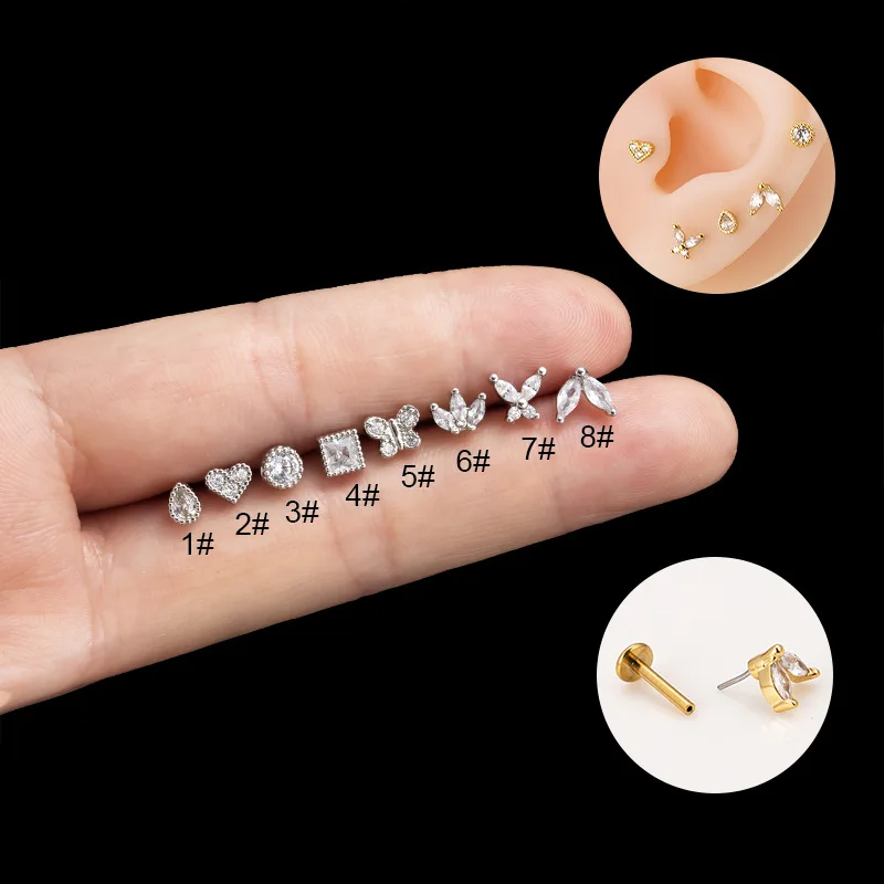 1PC Push In Internally Thread Labret Piercing Ear Ring G23 Titanium Stud Crystal Gem Flat Back Tragus Helix image 6