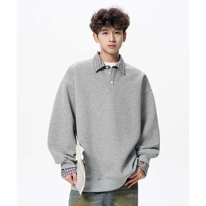 

Vintage Spliced Plaid Men Long Sleeve Polo Sweatshirt Fall Winter Teenager Loose Preppy Style Fashion Simple Fake Two Piece Tops