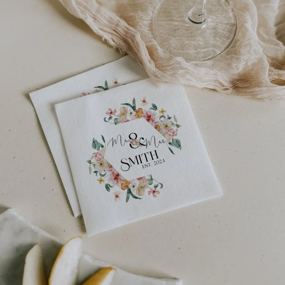 50Custom Wildflower Mr and Mrs Wedding Napkins|Personalized Bright Floral Cocktail Napkin for Wedding Reception|Dessert Napkin|