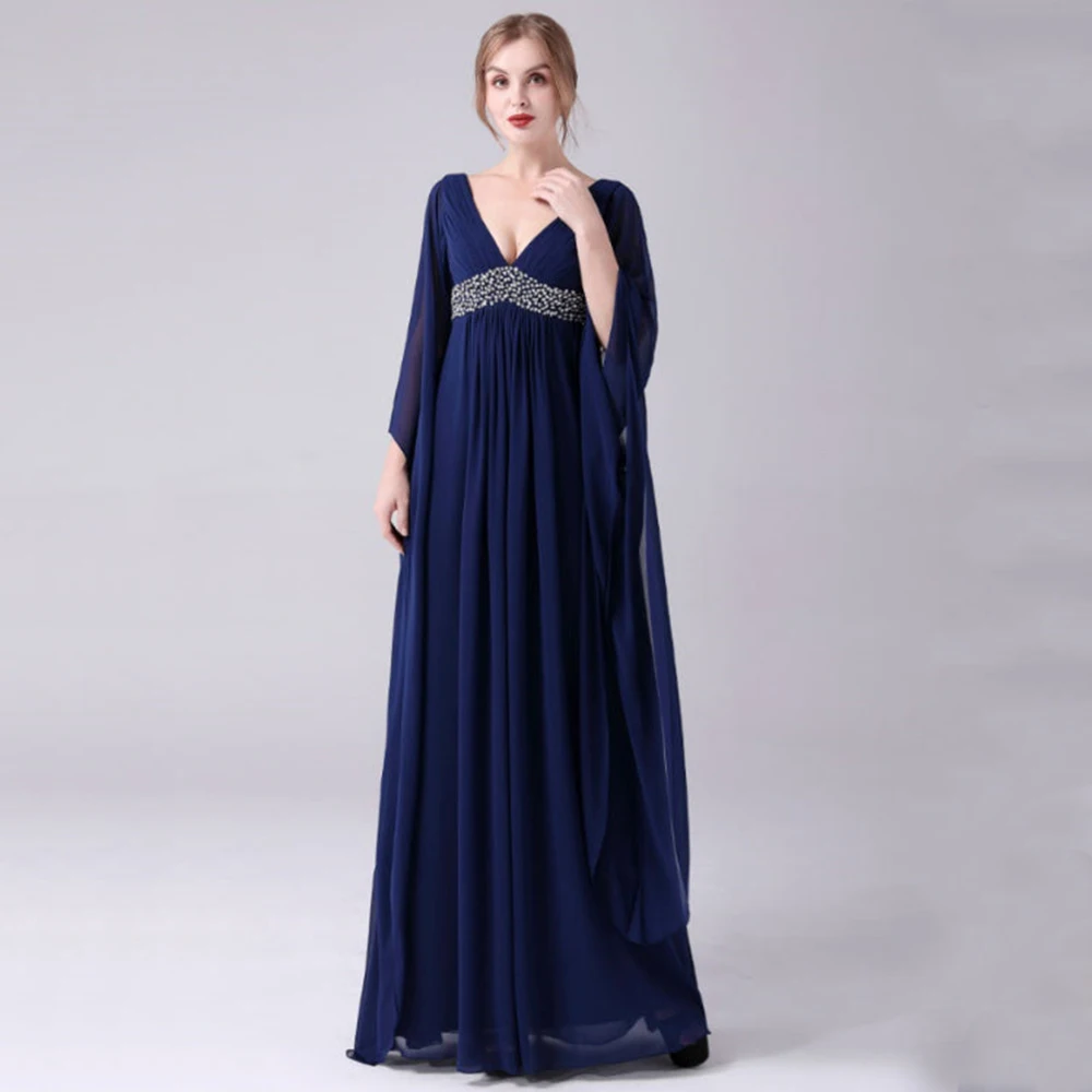 

Customized Elegant Navy Blue A-Line Chiffon Mother of the Bride Dress for Wedding V-Neck Beading Long Sleeve Empire Waist Mother