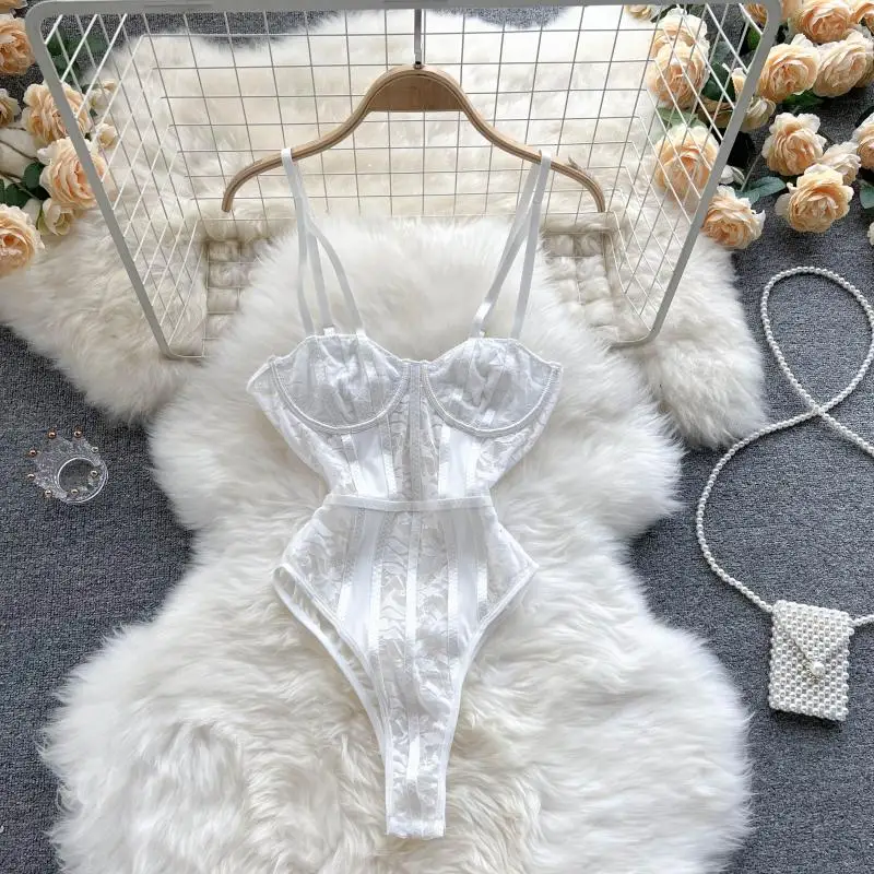 Pure Desire Sexy Lace One-Piece Swimsuit Women's Body Slimming High Waist Short Pants Integrated Strap Design Innerwear
