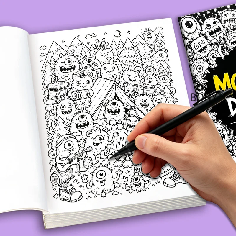 1 Adult Decompression Graffiti Copying and Coloring Book, 24 Pages of Theme Patterns Like Monster Camping and Mechanical Robots