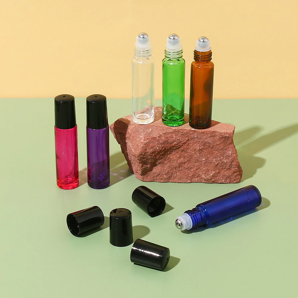 24 قطعة 10 مللي زجاجة عطر فارغة ملونة قابلة لإعادة الملء للزيت العطري زجاجة عطر قابلة للطي مع قمع وفتاحة وقطارة