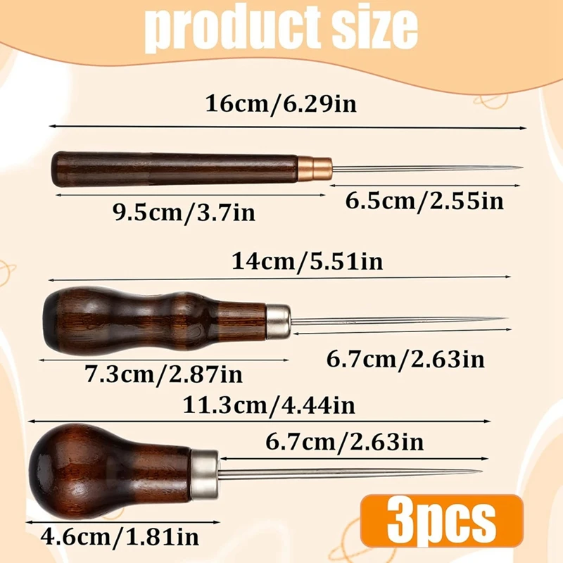 Awl أداة 3 قطعة مجموعة أدوات Awl الجلود خدش Awl أداة خياطة الخياطة الخرامه مع مقبض خشبي ثقب أدوات إبرة Awl