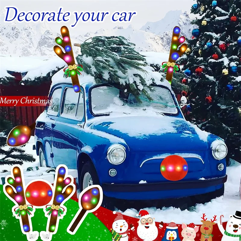 

Комплект для украшения автомобиля с рогами северного оленя, светодиодные многоцветные фонари, носовой автомобиль с колокольчиками Рудольф для декора грузовика-внедорожника