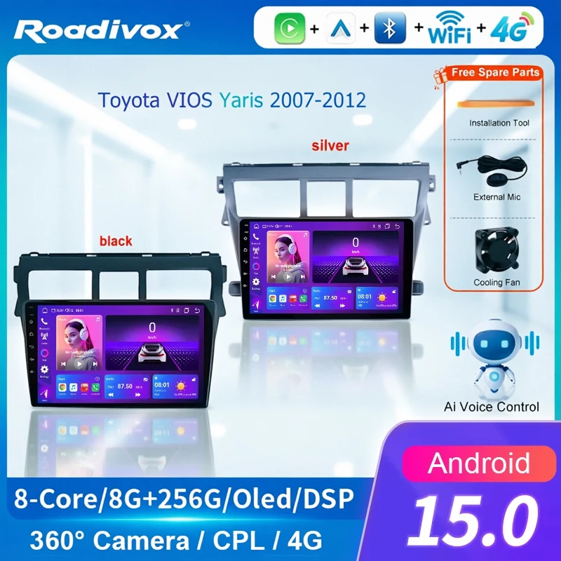 AI VOICE roadivox Android for Toyota VIOS Yaris 2007 2012 car radio  GPS Navigation video Multimedia Player tape recorder