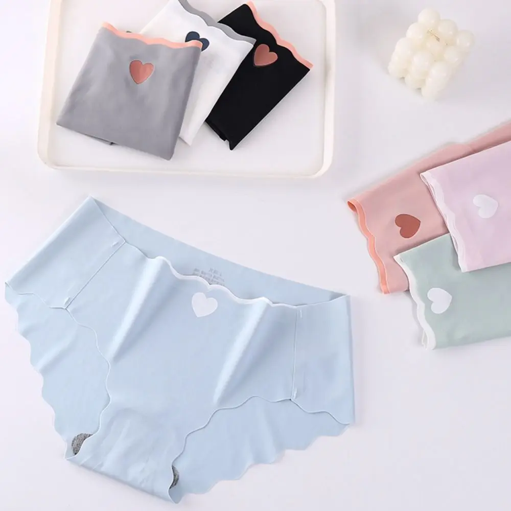 

6PCS Mid Waist Ice Silk Briefs Cotton Crotch Underwear Ultra-thin Panties Underpants Love Pattern Seamless Briefs Women Women
