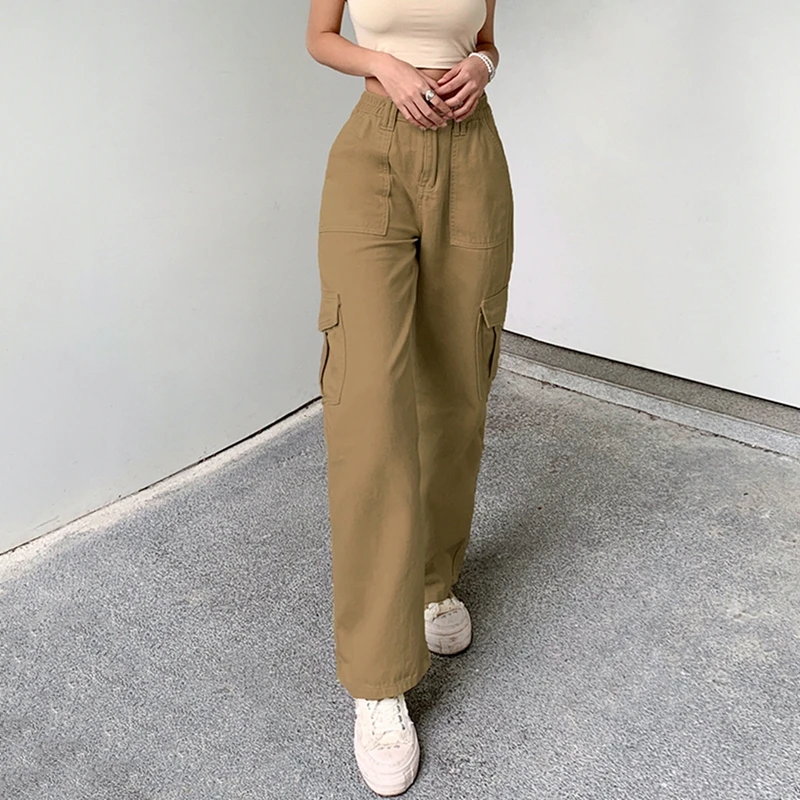 Ladies Stylish Cargo Trousers Trendy High-Waisted Straight-Leg Denim Pants with Buckle Detail and Multiple Pockets in Olive