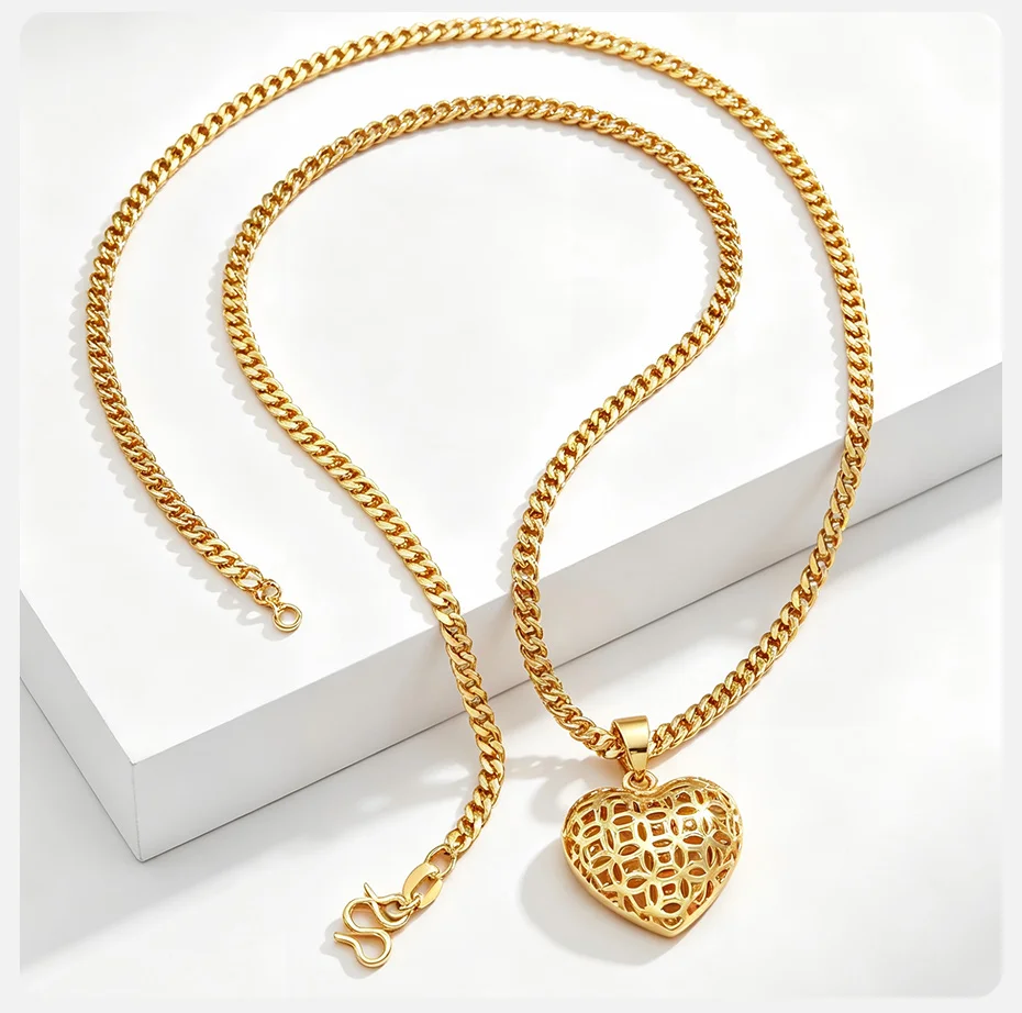 Vnox Minimalistischer Ausgehöhlter Herz-Creolen-Anhänger Halskette Klassischer Vergoldeter Brautschmuck für Hochzeiten – Detail 12