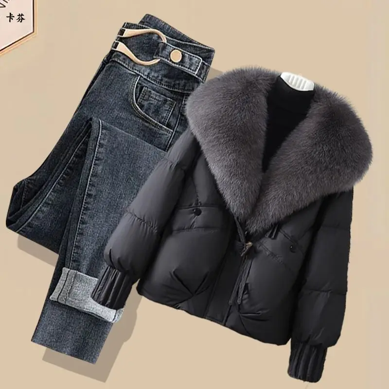 Herbst Winter Baumwolle Jaet Und Jeans Zweiteiliges Set für Frauen Casual Abnehmen Sle Pendeln Freundliche Bequeme Lose Fit
