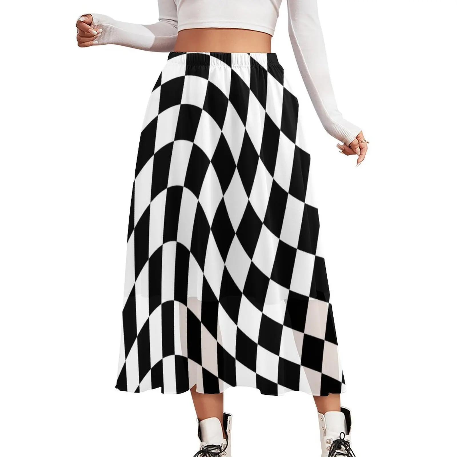 Abstract Check Print Skirt Black Twist Street Fashion Long Skirts Elegant A-line Skirt Female Custom Big Size Bottoms