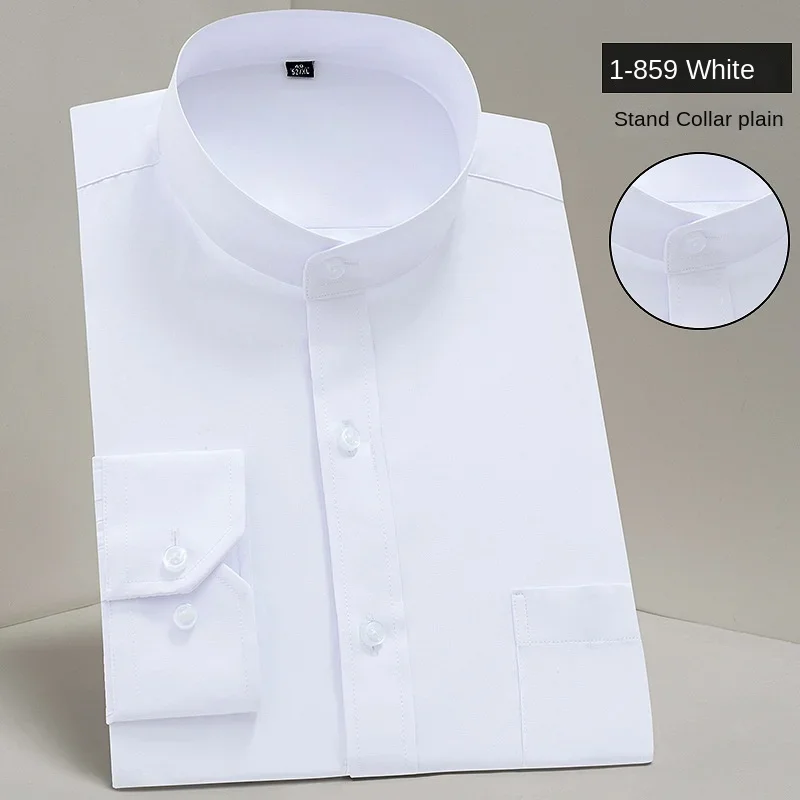 Camisa a rayas con cuello de estilo chino para hombre, traje de túnica de color sólido, ropa de calle de negocios de manga larga sin planchado