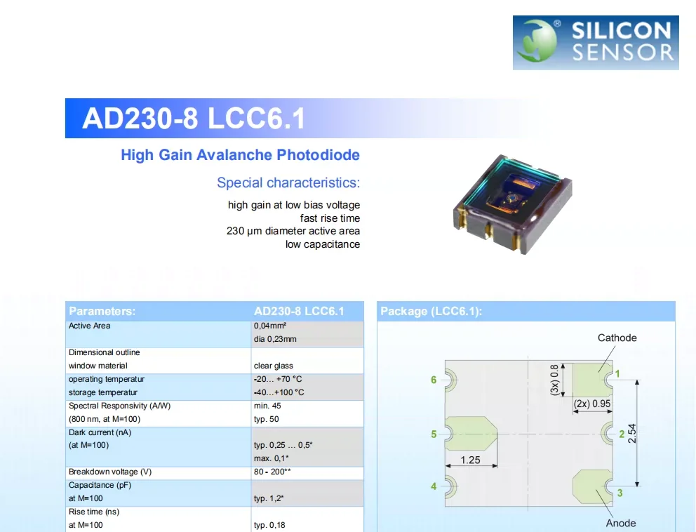 1PCS Brand new AD230-8 LCC6.1 APD (Avalanche Photodiode) – Surface-mount, without optical filter