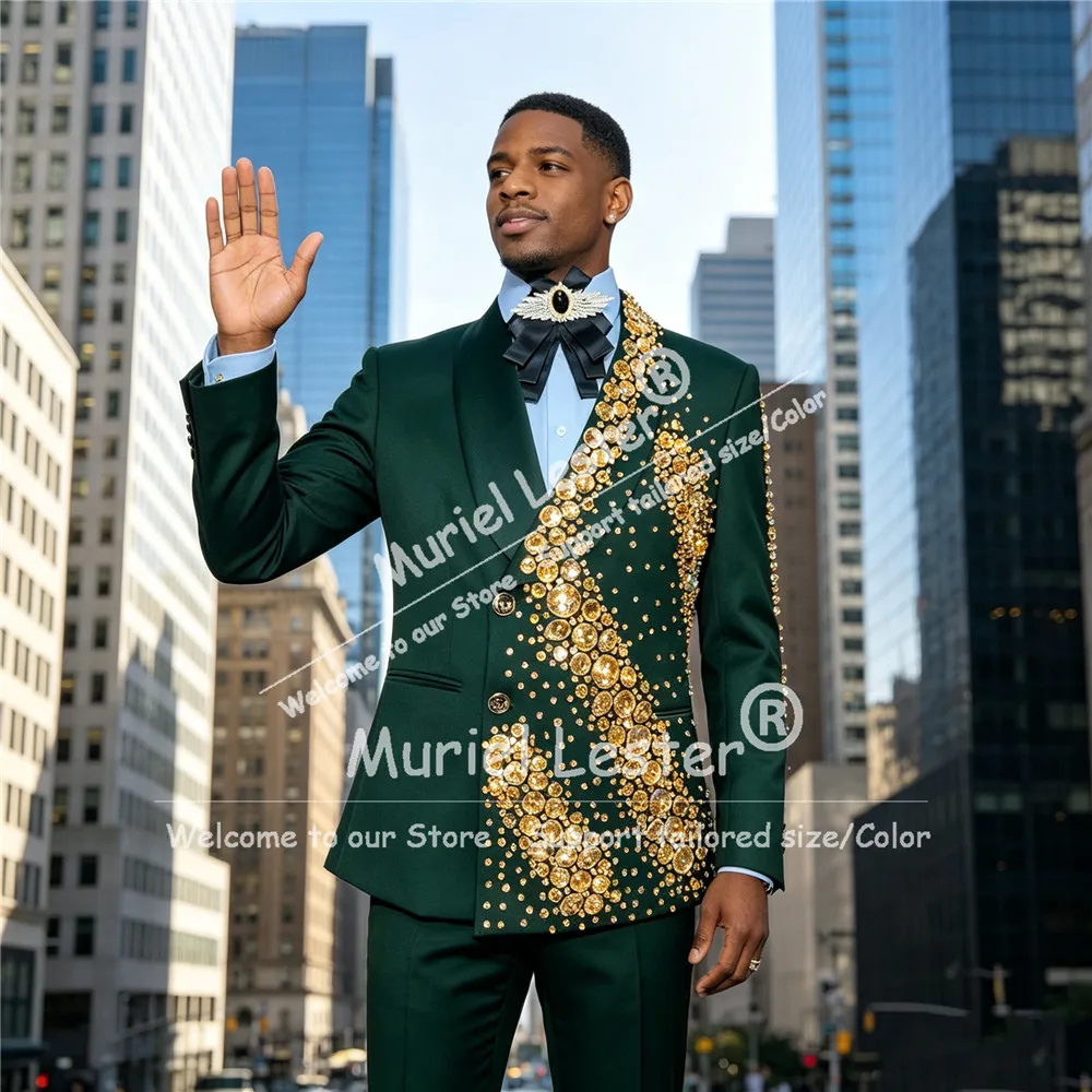 

Brilliant Wedding Suit For Man Gold Rhinestone Beaded Prom Blazer Pants 2 Piece Sets Groom Tuxedos Customized trajes para hombre