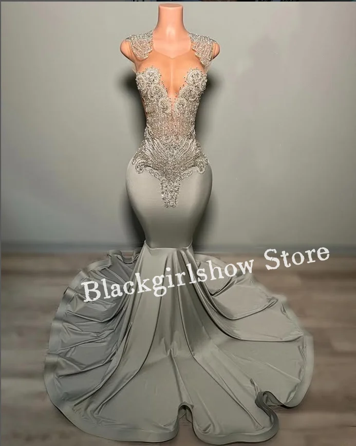 

Luxury Silver Diamante Mermaid Prom Dress Glitter Black Girl Birthday Party Masked Ball Custom платье на выпускной