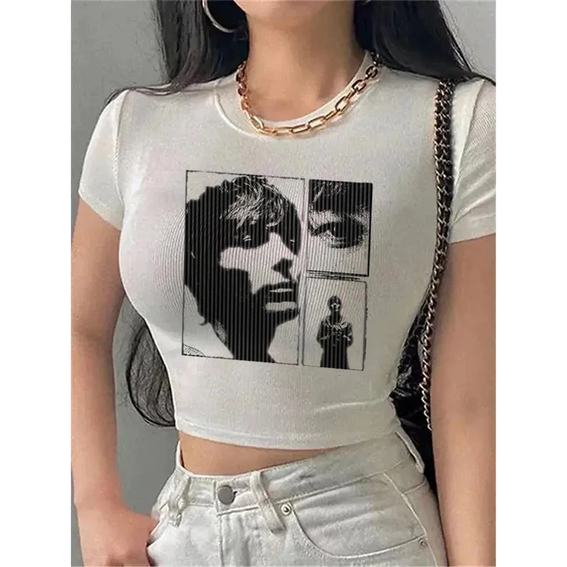 Harry Louis Art Graphics Slim Crop Tops Women Y2k Clothes Gothic Vintage Emo Girl Sexy T-shirt 2000s Grunge Tees Punk Streetwear