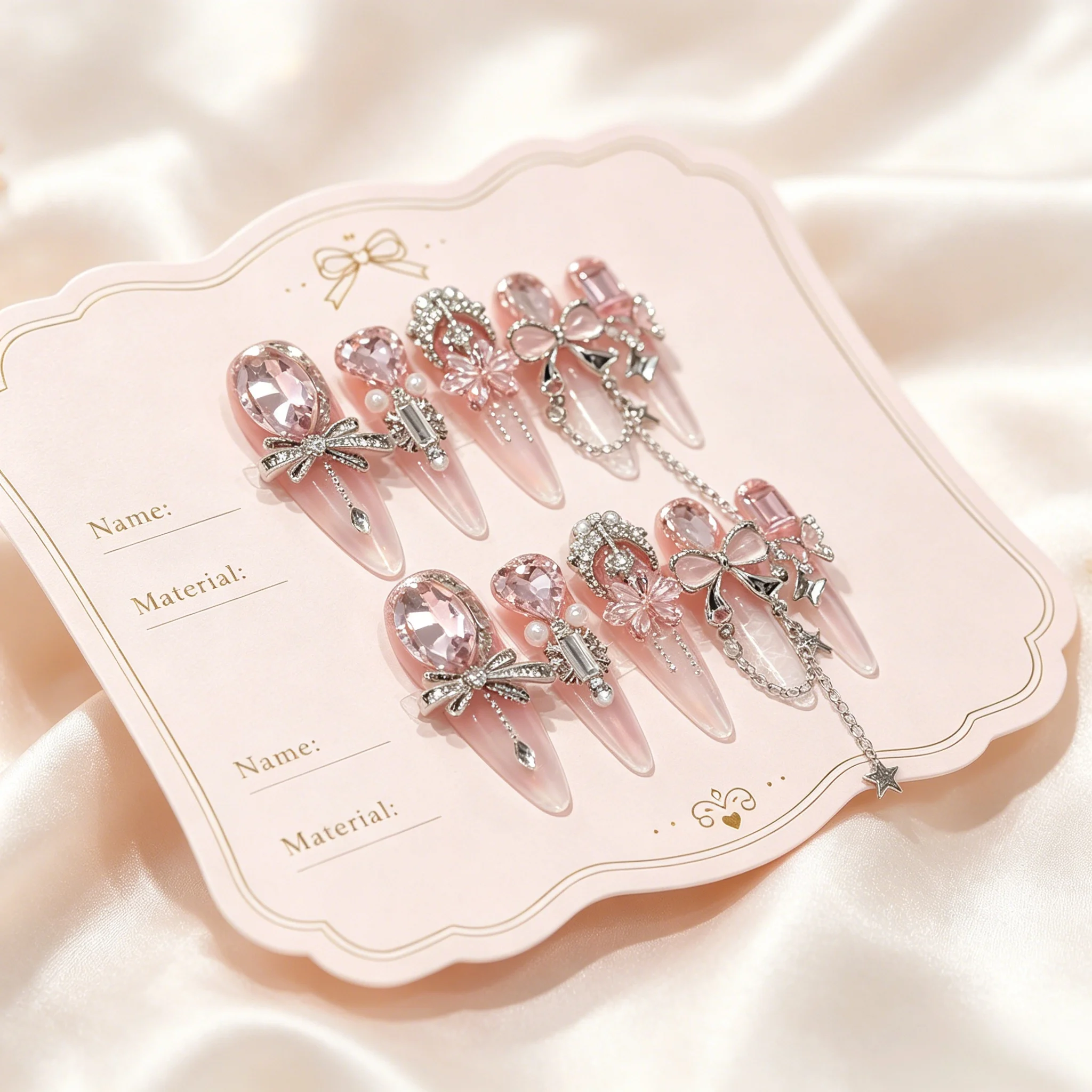 10pcs Ice-Transparent Pink Handmade Nails Heavily Embellished Sparkly Bow Press on Nail Long Point False Nail for Women&Girl