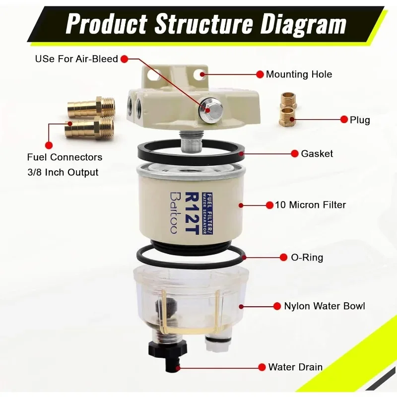 R12T Fuel Water Separator Marine 10 Micron Fuel Filter Marine Parts Replace S3240 120AT NPT ZG1/4-19 Fit 3/8-inch NPT Outboard