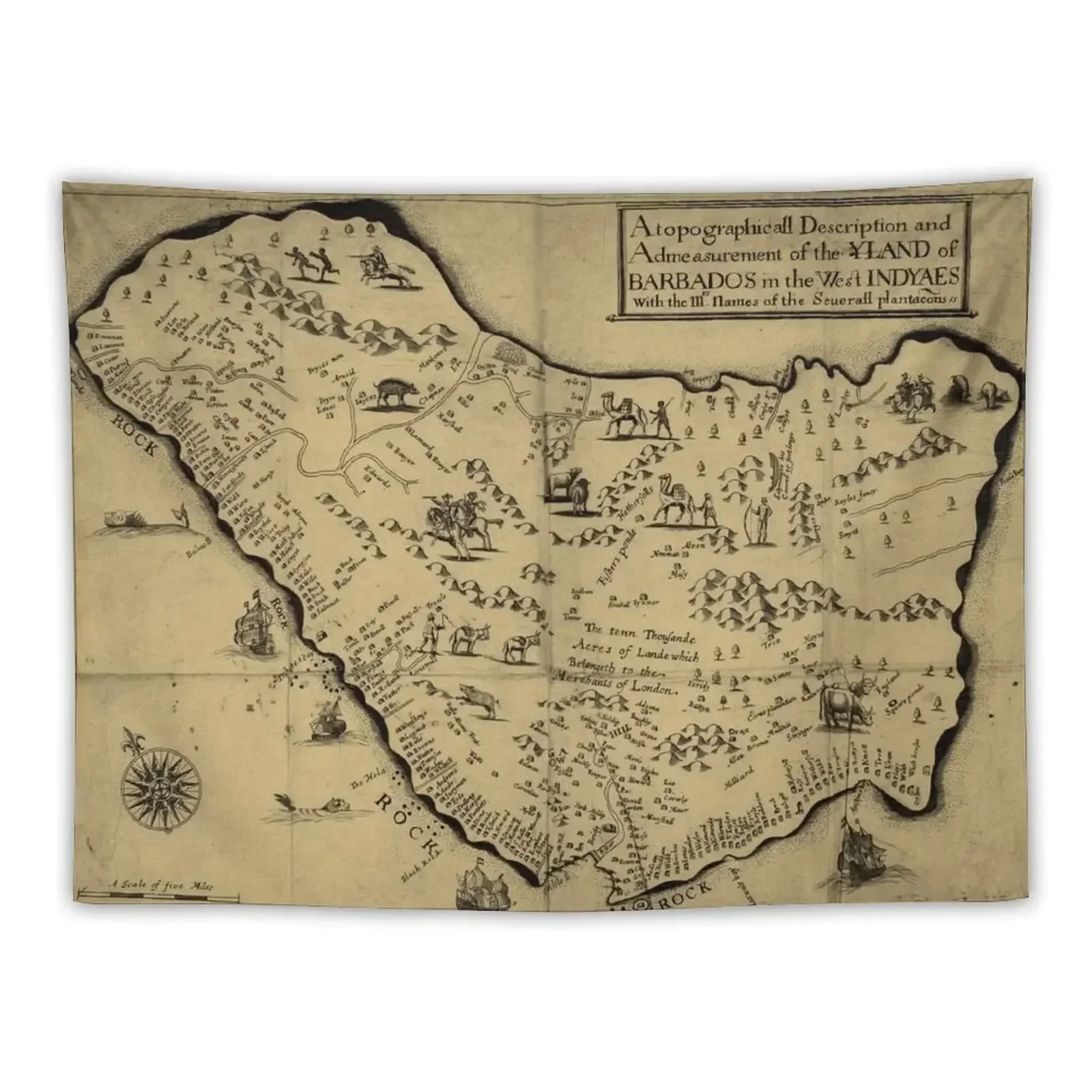 

Vintage Barbados Pictorial Map (1657) Tapestry Decoration Home Room Ornaments Carpet On The Wall Tapestry
