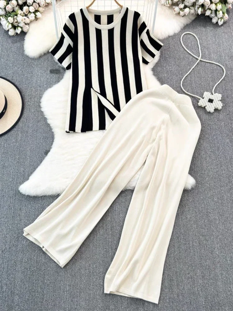 Long Pants Women Suit Short Sleeved Top Striped Casual Top Fashion Korean High Waisted Wide Leg Pants Female Clothing Summer