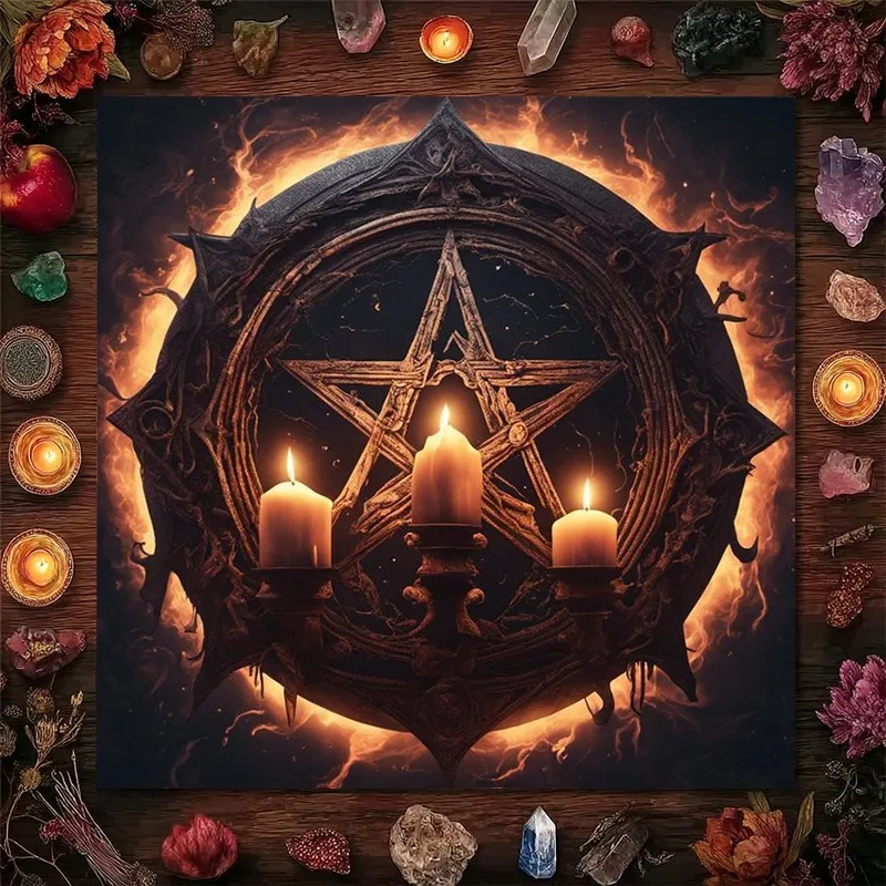 Nappe de tarot Fiery Pentagram – Nappe d'autel mystique pour la divination, la méditation et la décoration intérieure 50x50cm 90x90cm