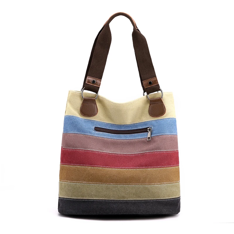 High Quality Women Shoulder Bag Female patchwork Top-Handle Bags Vintage Striped Canvas Bag Ladies Tote Bag Handbags