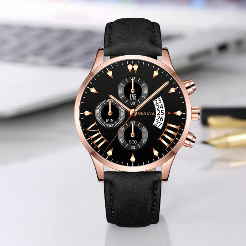 School Wristwatch High Accuracy Men's Quartz Watch with Adjustable Faux Leather Strap Round Dial Three Small Dials No Delay