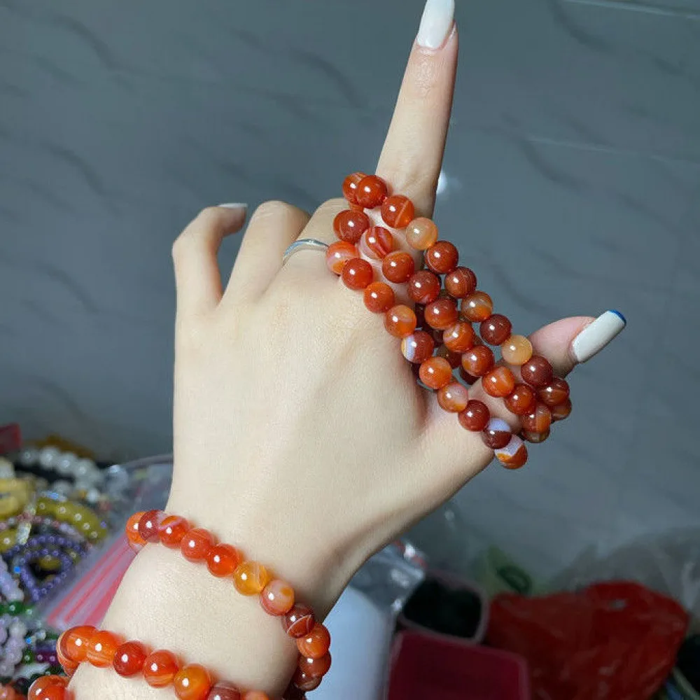 2 Pcs Imitation Red Agate Floating Flower Beaded Stretch Bracelets, Translucent Gradient Carnelian Round Strand Bracelets, Lucky Auspicious Wrist Jewelry for Women Men Daily Office Wedding Lunar New Year Holiday Gift