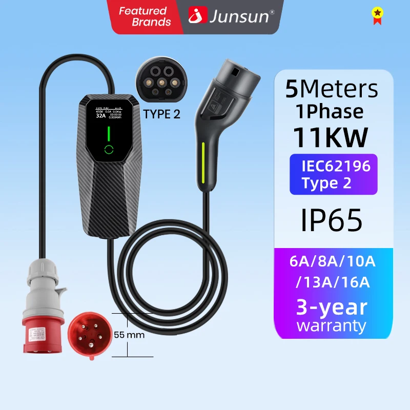 Junsun ev charger type 2 11KW Sliver IP65 5meters 8A/10A/13A/16A adjustable Car fast charging plug to plug chargeur for tesla