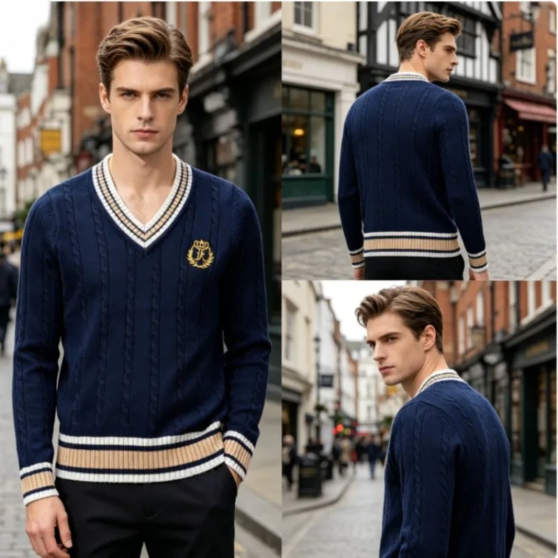 British Preppy College Style JK Knitted Sweater, V-neck Embroidered Unisex Long Sleeve Top For Daily Campus Student Uniform Wear