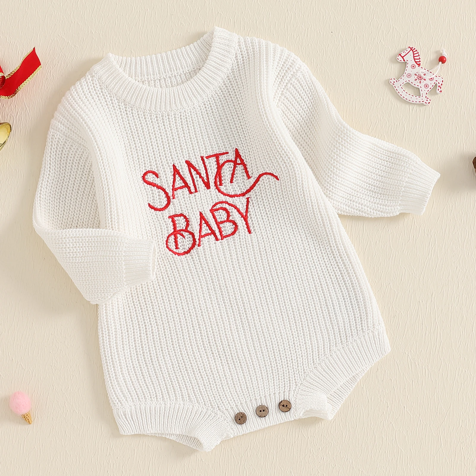 Tregren Newborn Baby Sweater Romper Long Sleeve Round Neck Letter Embroidery Knit Bodysuit Christmas Outfit