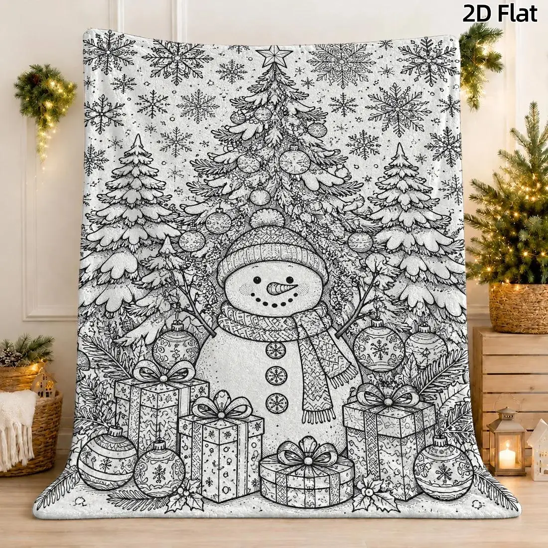 1pc 2D Flat DIY Coloring Throw Blanket, Snowman & Christmas Tree Line Art, Vintage Floral Illustration Decor Blanket
