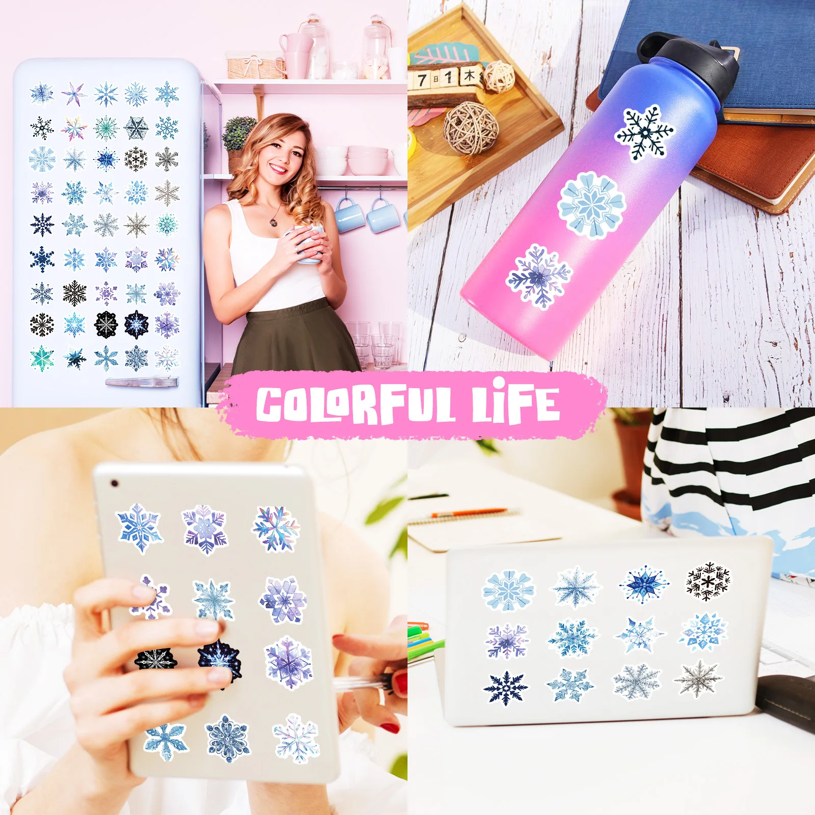 50pcs Colorful Snowflakes Winter Romance Cartoon Graffiti Stickers Phone Guitar Laptop Suitcase Water Bottles Waterproof Sticker