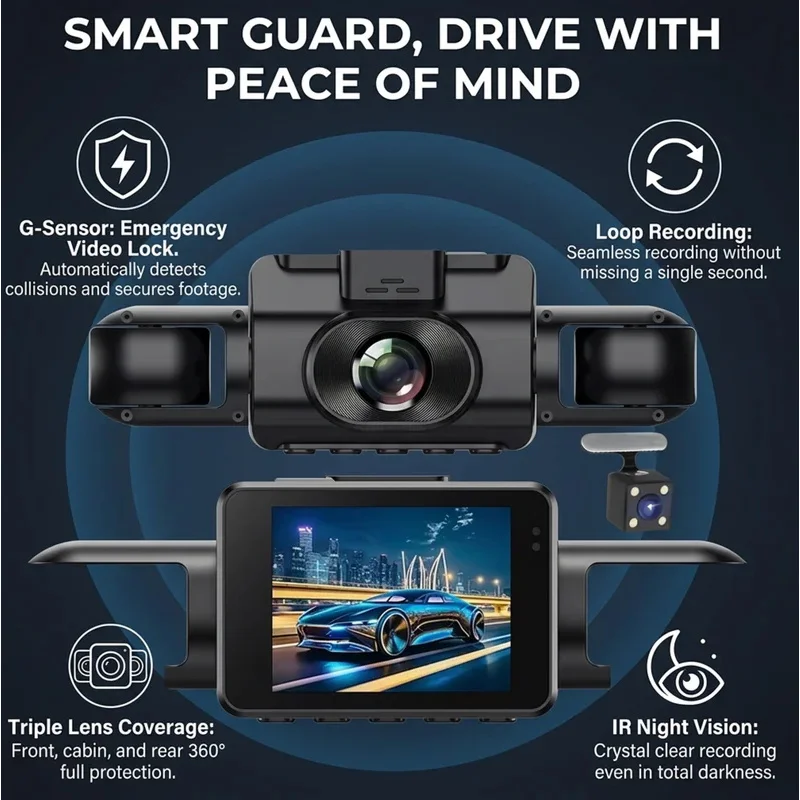 4-channel dash cam, 170° wide-angle lens, night vision, motion detection, loop recording, parking monitoring, car accessories