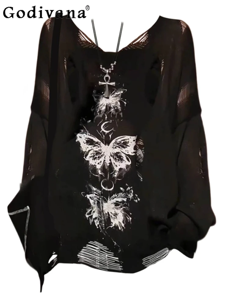 

Large Size Sexy Butterfly Ripped V-neck Long Sleeve Knitted Sweater girl Summer Thin Loose Korean Versatile Sunscreen Blouse