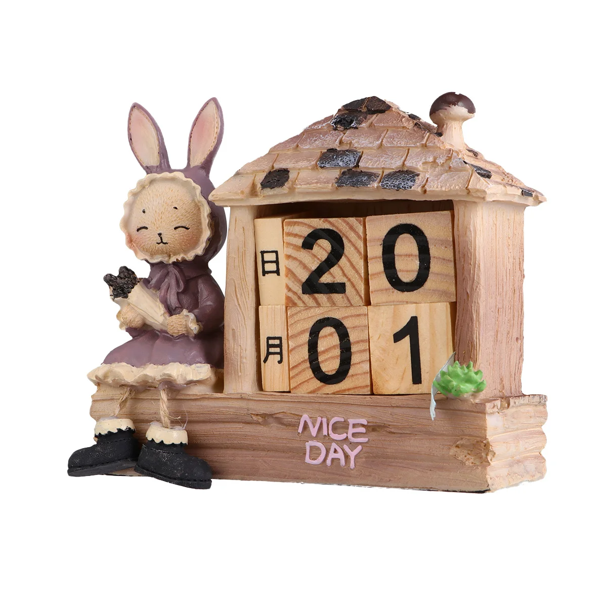 

Rabbit Girl Wooden House Shape Perpetual Desk Calendar Manual Turning Block Desktop Decoration for Office Friendly