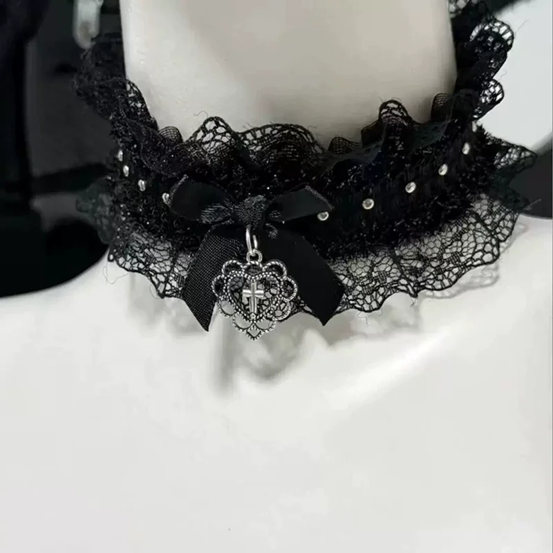 Lolita Cosplay Sexy Black White Lace Rivets Choker with Cross Heart Bow Pendant Goth Necklace for Women Party Y2K Jewelry Collar