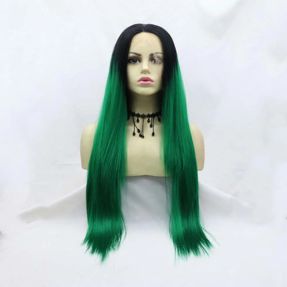 Sylvia Wigs Synthetic Black/Green Lace Front Wigs Long Silky Straight Wigs Heat Resistant Fiber Ombre Lace Wigs