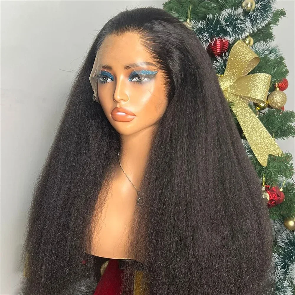 

Soft Yaki 26 inch black 180 Density Kinky straight Lace Front Wig For Women With Baby Hair Synthetic Preplucked Glueless Daily