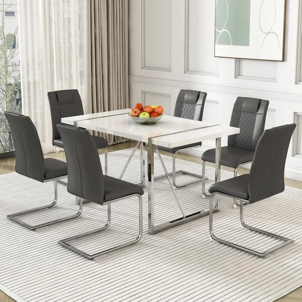 

Dining Table Chairs Set for 6, Modern Rectangular Dinings Room Tables, PU Leather Upholstered Dinings Chairs, Dining Table Set