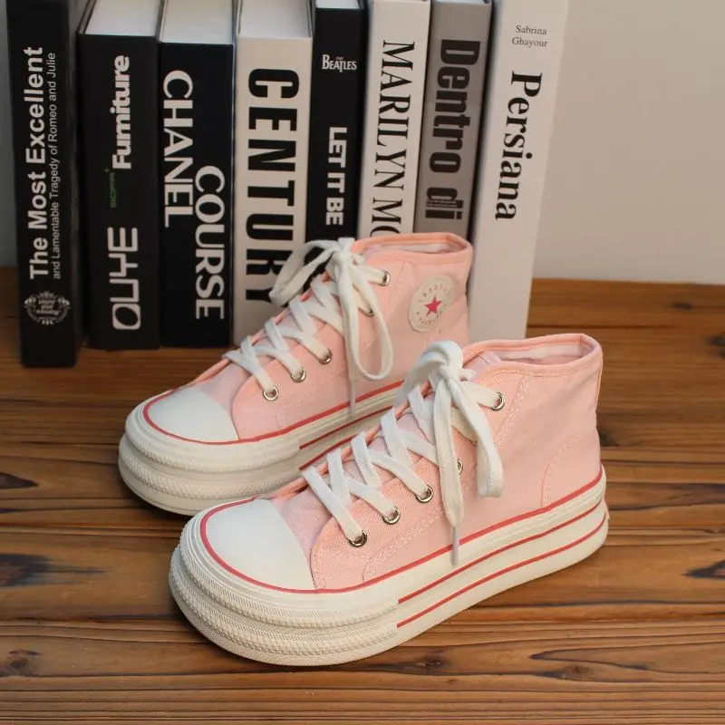 New Pink Classic Canvas Shoes Women School Students Sport Shoes for Woman Casual Vulcanized Shoe Flats High Top Zapatos Mujer