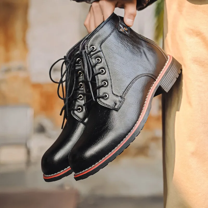 Leather Men Boots Retro Round Toe Ankle Boots Autumn Punk Street Style Chunky Motorcycle Boots Botines for Male botas masculino view 3