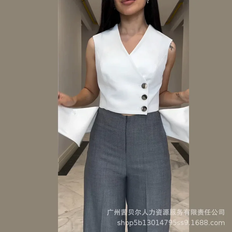 Women 2 Piece Sets Outfits Clothing Sleeveless Cardigan Top Waistcoat Wide Leg Pants Flanging Casual Straight Pants