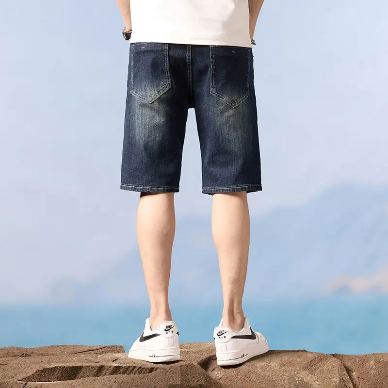 Summer Lightweight Ripped Denim Shorts Men’s Loose Straight Cut Korean Trend Medium Long Casual Wear