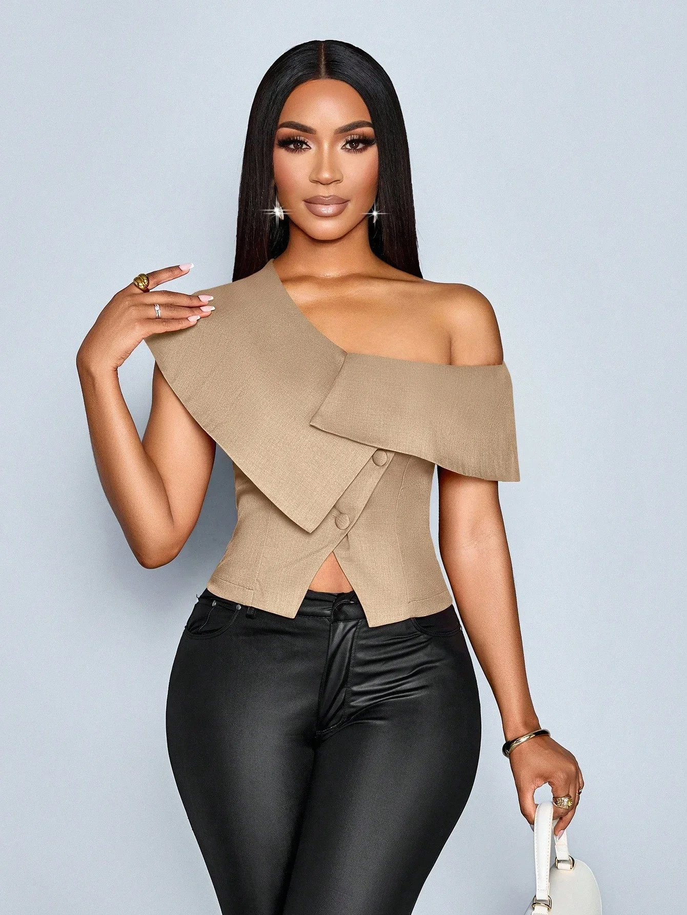 

Women's Spring Summer Elegant Off Shoulder Asymmetrical Single Breasted Blouse