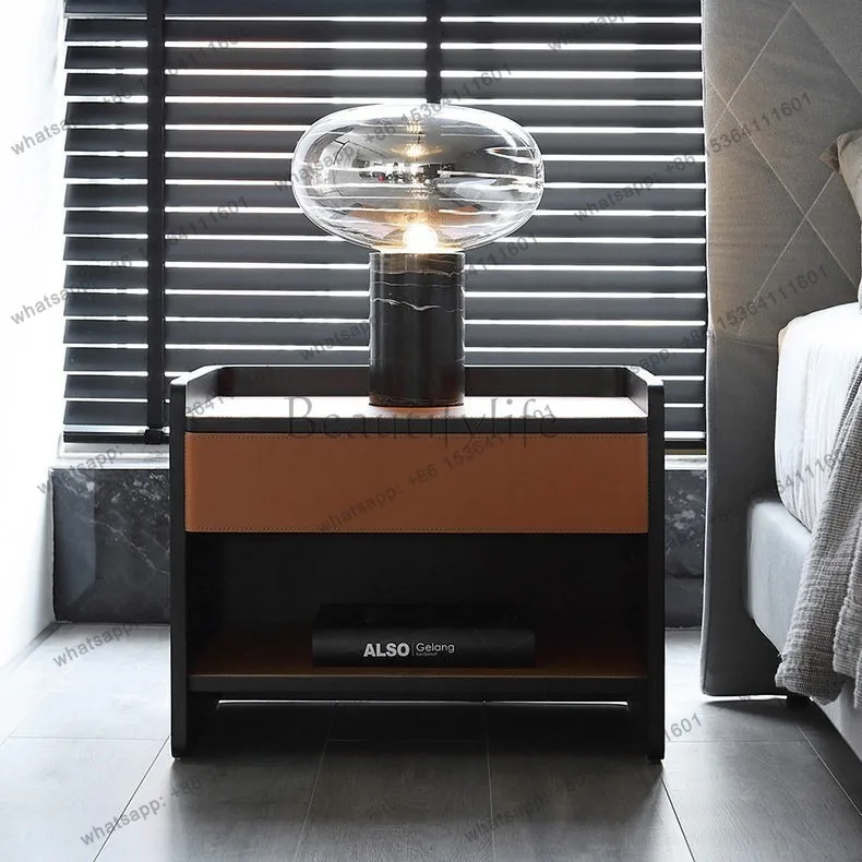 hot  Italian minimalist bedside table, saddle leather, bedroom storage, high-end wabi sandy styleFactory Direct