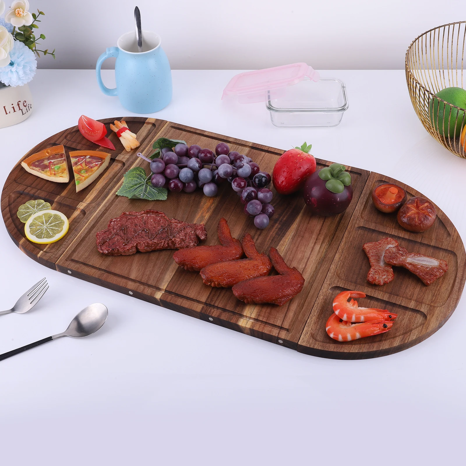 

Acacia Wood Serving Tray Charcuterie Platter Multi-Function Charcuterie Board with Grooves Magnetic for Fruits Vegetables