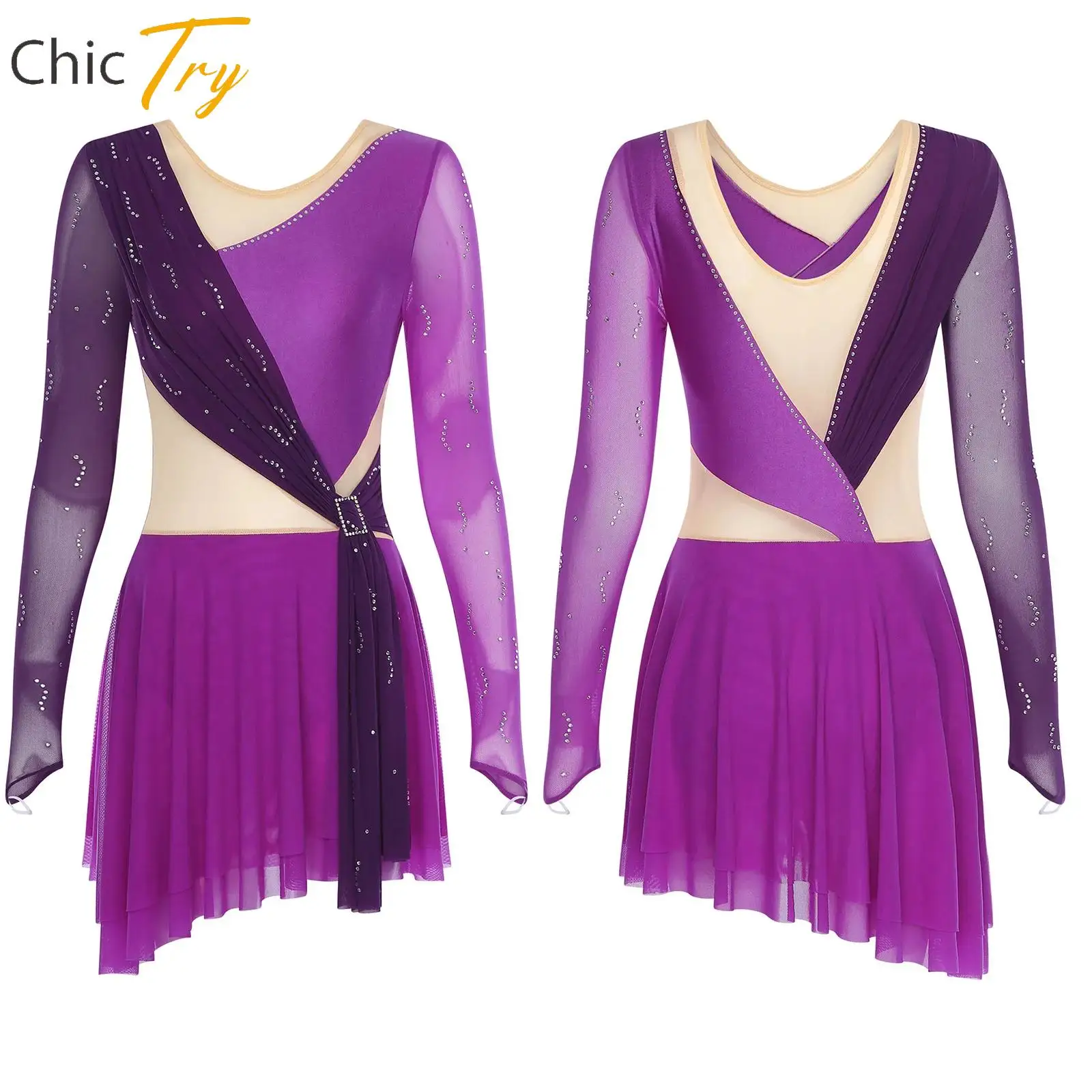 

Womens Ballet Gymnastics Costume Figure Skating Dresses Rhinestone Mesh Long Sleeve Leotard Dress Lyrical Contemporary Dancewear